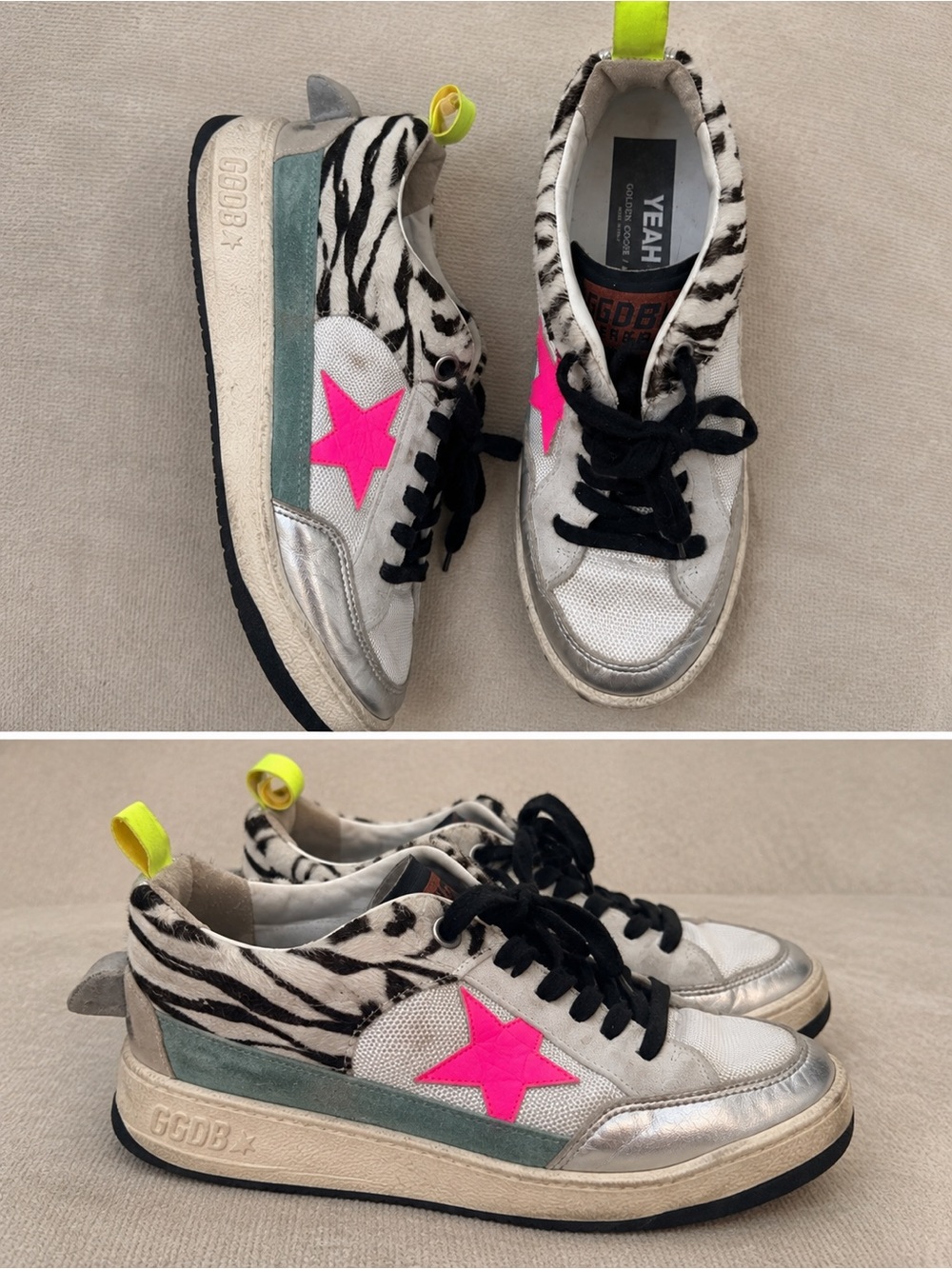 Golden Goose Kids Zebra Print Sneakers with Neon Pink Star and Yellow Pull Tab - Picture 3 of 7